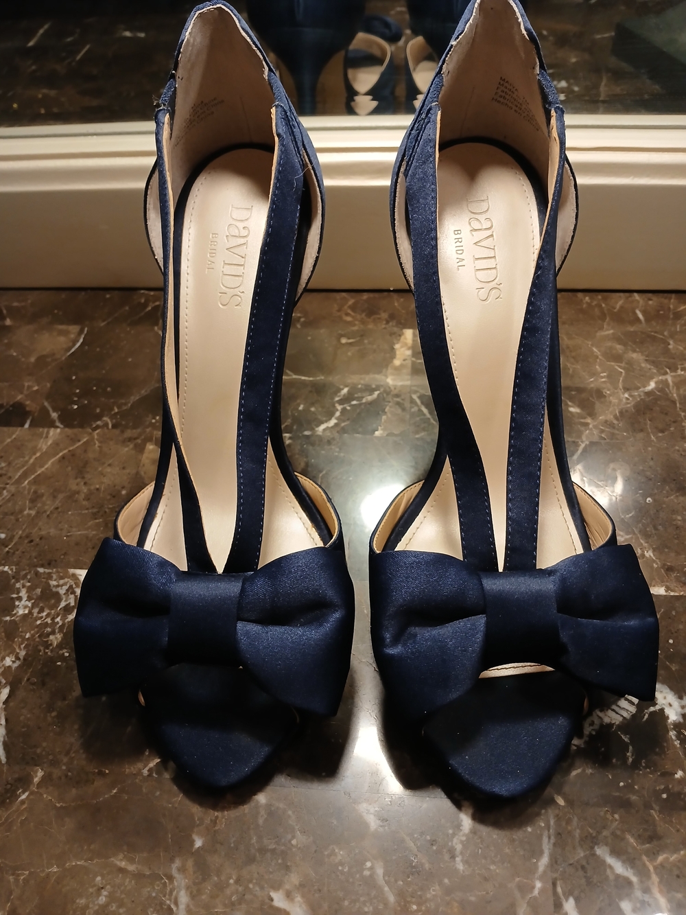 David's Bridal Navy Satin Bow Peep-Toe Heels